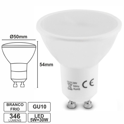 Lâmpada LED GU10 branca fria com medidas e especificações técnicas