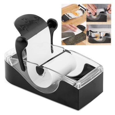 Dispositivo preto e transparente para fazer sushi com imagens de uso