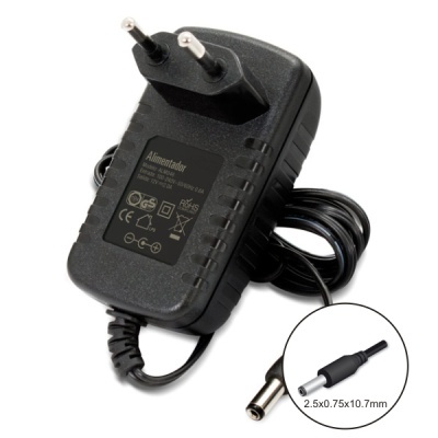 Adaptador de corrente preto com ficha europeia e cabo com conector DC cilíndrico