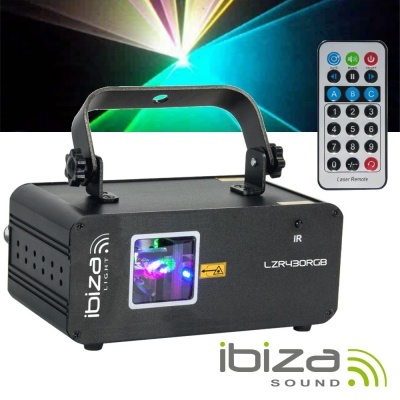 Projetor laser preto Ibiza LIGHT modelo LZR430RGB com comando remoto, emitindo luzes coloridas