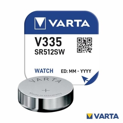 Pilha de botão VARTA V335 SR512SW com embalagem branca e azul.