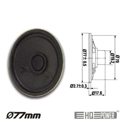 altifalante redondo preto 77 mm com desenho técnico e marca HQ POWER