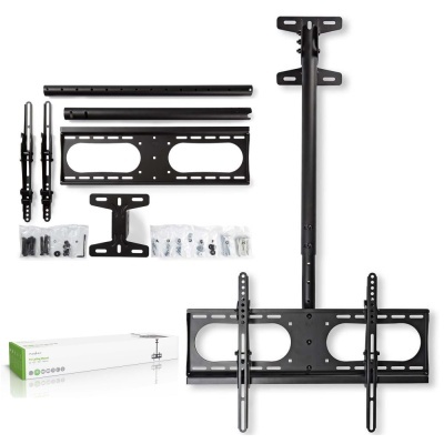 Suporte de TV de teto preto com peças e parafusos organizados ao lado e caixa branca esverdeada