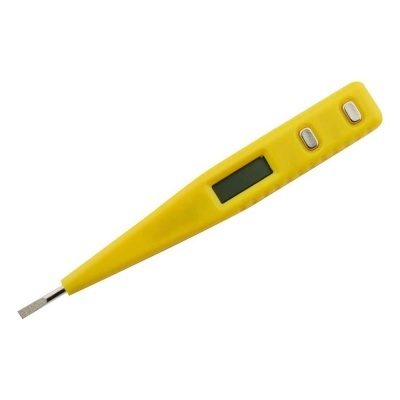 Termómetro digital amarelo com ecrã LCD preto e dois botões