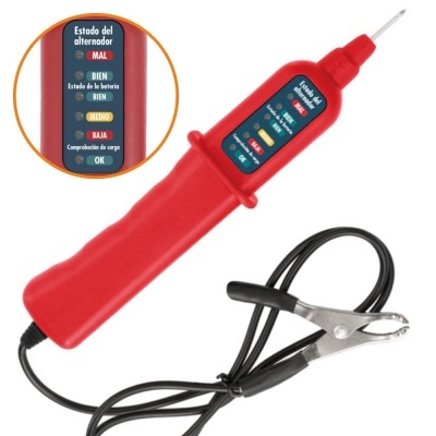 Dispositivo de teste automotivo vermelho com cabo e indicadores em espanhol