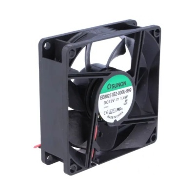 Ventoinha de refrigeração preta quadrada SUNON com etiqueta verde e branca