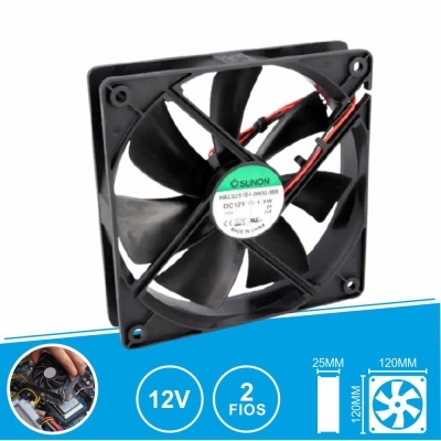 Ventoinha de computador preta de 120mm com etiqueta central verde e branca