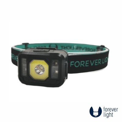 Lanterna de cabeça preta com faixa elástica 'FOREVER LIGHT' preta e verde