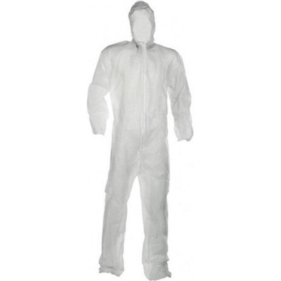 Macacão branco descartável com capuz e fecho de correr