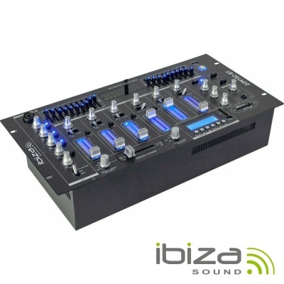 Mesa de mistura DJ Ibiza Sound DS-2442 preta com luzes LED azuis e botões