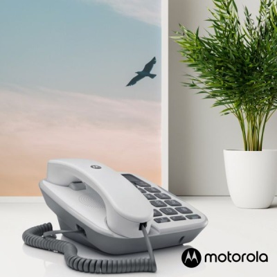 Telefone fixo branco Motorola com teclas grandes sobre mesa, planta verde e céu ao fundo