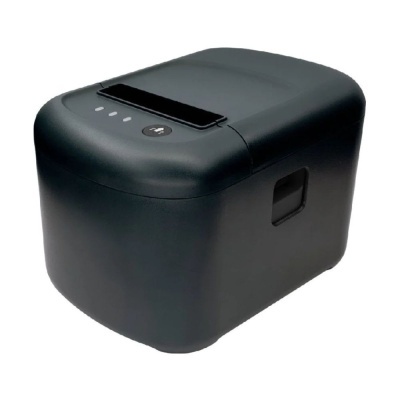 Impressora térmica preta com botão e indicadores luminosos