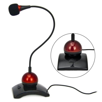 Microfone de secretária preto com base vermelha metálica e espuma negra
