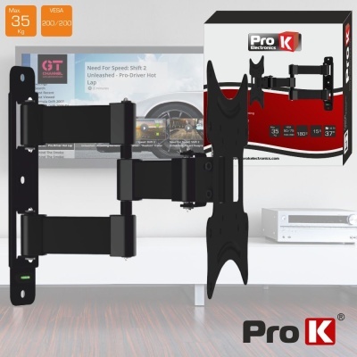 Suporte de parede preto articulado para TV ou monitor com embalagem Pro K e ambiente interior moderno