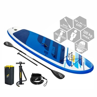 Prancha de paddle insuflável azul e branca com remo, bomba e mochila