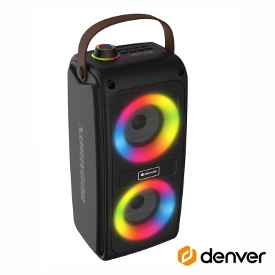 Caixa de som portátil preta com luzes LED coloridas e alça marron, logotipo denver