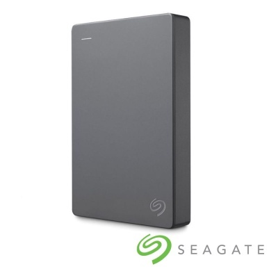 Disco rígido portátil cinza escuro Seagate com logótipo visível