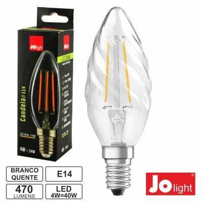 Lâmpada led formato vela Jo light com base E14 e embalagem preta e vermelha