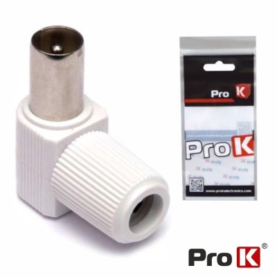 Conector coaxial Pro K em plástico branco e metal prateado com embalagem ao lado