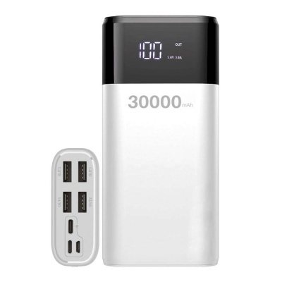 Powerbank branco e preto com visor digital e seis portas USB