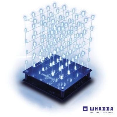 Matriz tridimensional de LEDs azuis sobre base preta com logótipo WHADDA