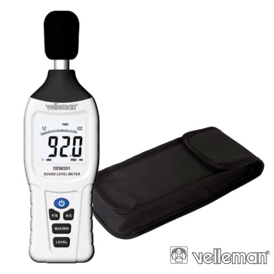 Medidor de níveis de som Velleman branco e preto com estojo preto