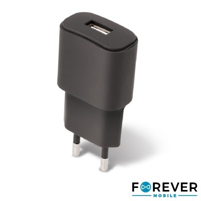 Carregador USB preto compacto com logótipo FOREVER MOBILE
