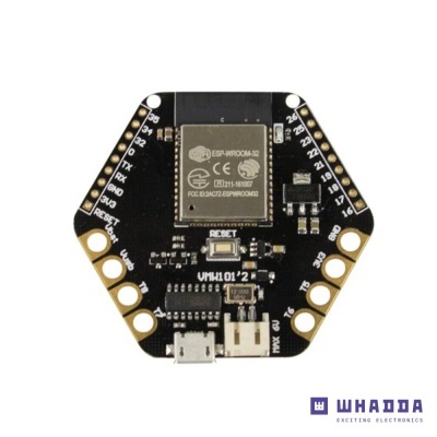 Placa eletrónica preta hexagonal com microcontrolador ESP-WROOM-32 e conectores USB e pinos dourados