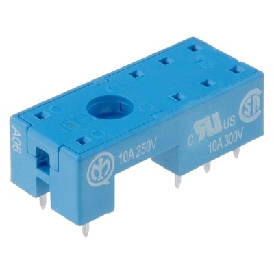 Base azul para componente elétrico com pinos metálicos e inscrições brancas.