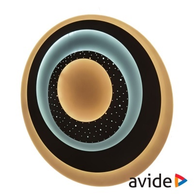 Plafon circular iluminado em camadas com design de estrelas e cores dourado, azul e preto.