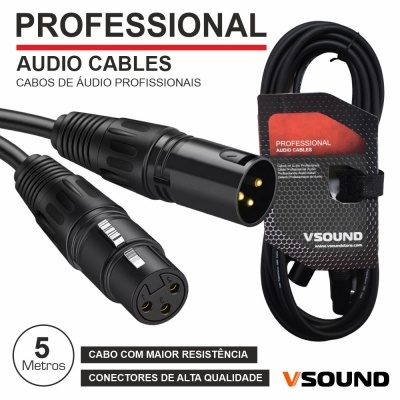 Cabo de áudio profissional preto com conectores XLR e embalagem preta e vermelha