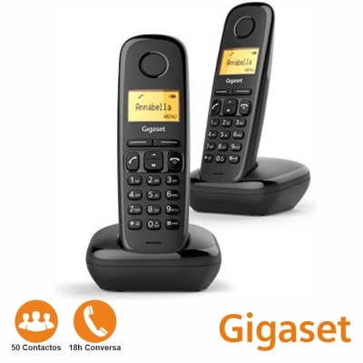 Telefone sem fios preto Gigaset com visor amarelo e base carregadora