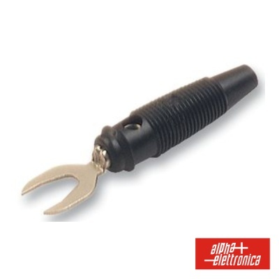 Conector tipo garfo preto com terminal metálico prateado