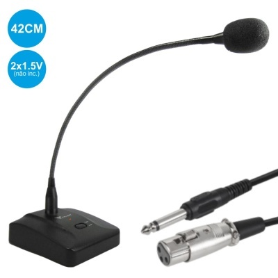 Microfone preto com base e cabos com conetores XLR e jack