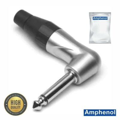 Conetor de áudio metálico prateado com proteção preta e selo de alta qualidade