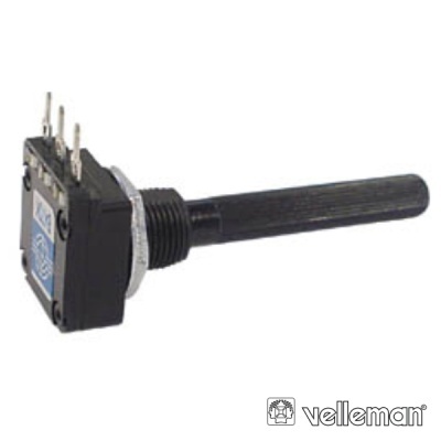 Potenciômetro rotativo preto com haste longa e etiqueta Velleman