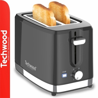 Torradeira preta Techwood com dois pães torrados