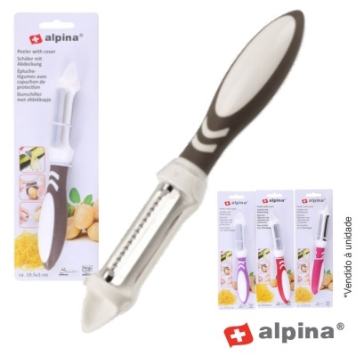 Descascador de legumes Alpina com cabo castanho e branco e capa de proteção