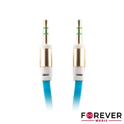 Cabo áudio estéreo jack 3.5 mm dourado com fio azul e logótipo FOREVER MUSIC