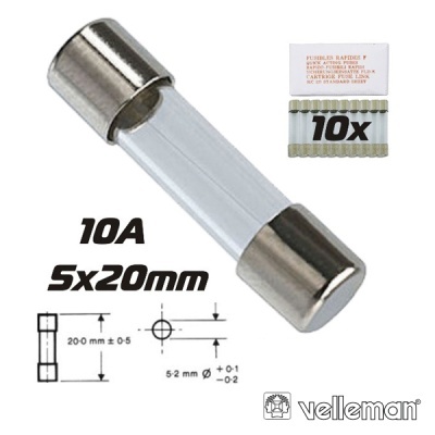 Fusível de vidro cilindrico 10A 5x20mm com embalagem e especificações