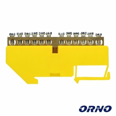 Barra de distribuição elétrica com capa amarela e terminal metálico, logotipo ORNO azul