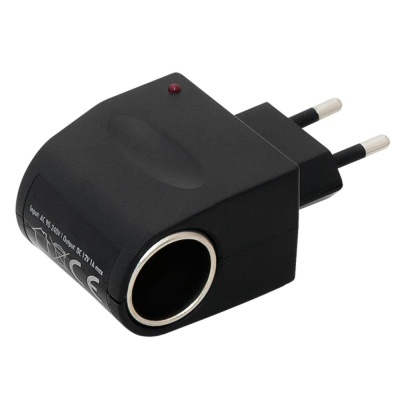 Adaptador de tomada preto com dois pinos redondos e LED vermelho