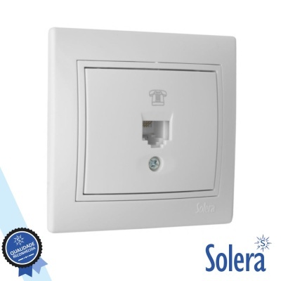 Tomada de parede branca para telefone com entrada RJ11 e símbolo de telefone