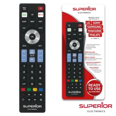 Comando universal preto com botões coloridos e embalagem branco e vermelha da marca SUPERIOR ELECTRONICS