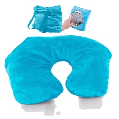 Almofada de pescoço azul turquesa macia com bolsa transportadora