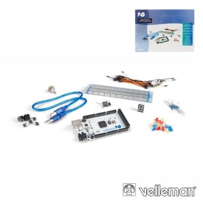 Kit eletrónico Velleman10 com breadboard, cabos, microcontroladora e componentes em fundo branco
