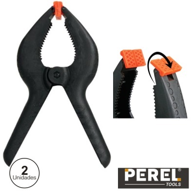 Grampos de mola negros com extremidades laranja e mandíbulas dentadas