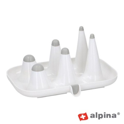Suporte branco para garrafas com cones cinza e logótipo alpina
