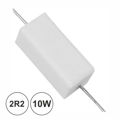 Resistor branco retangular com fios metálicos e marcações 2R2 e 10W