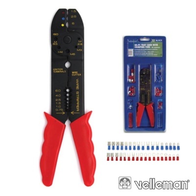 Alicate de corte e aperto de fios com cabos vermelhos e conjunto de terminais em embalagem azul da marca Velleman
